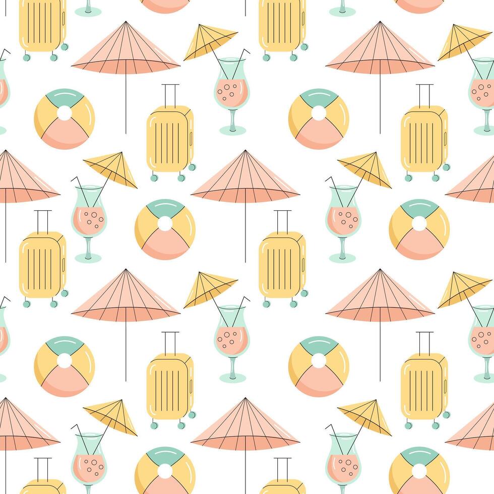Seamless pattern with summer elements. Sun umbrella, suitcase, cocktail, beach ball. Flat illustration vector