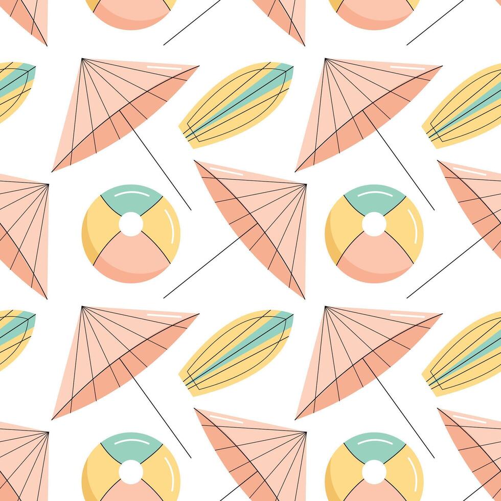 Seamless pattern with summer elements. Sun umbrella and beach ball. Flat illustration vector