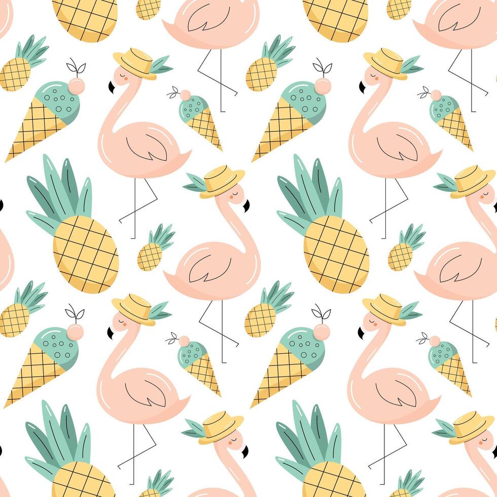 Seamless pattern with summer elements. Flamingo, pineapple, ice cream. Flat illustration vector