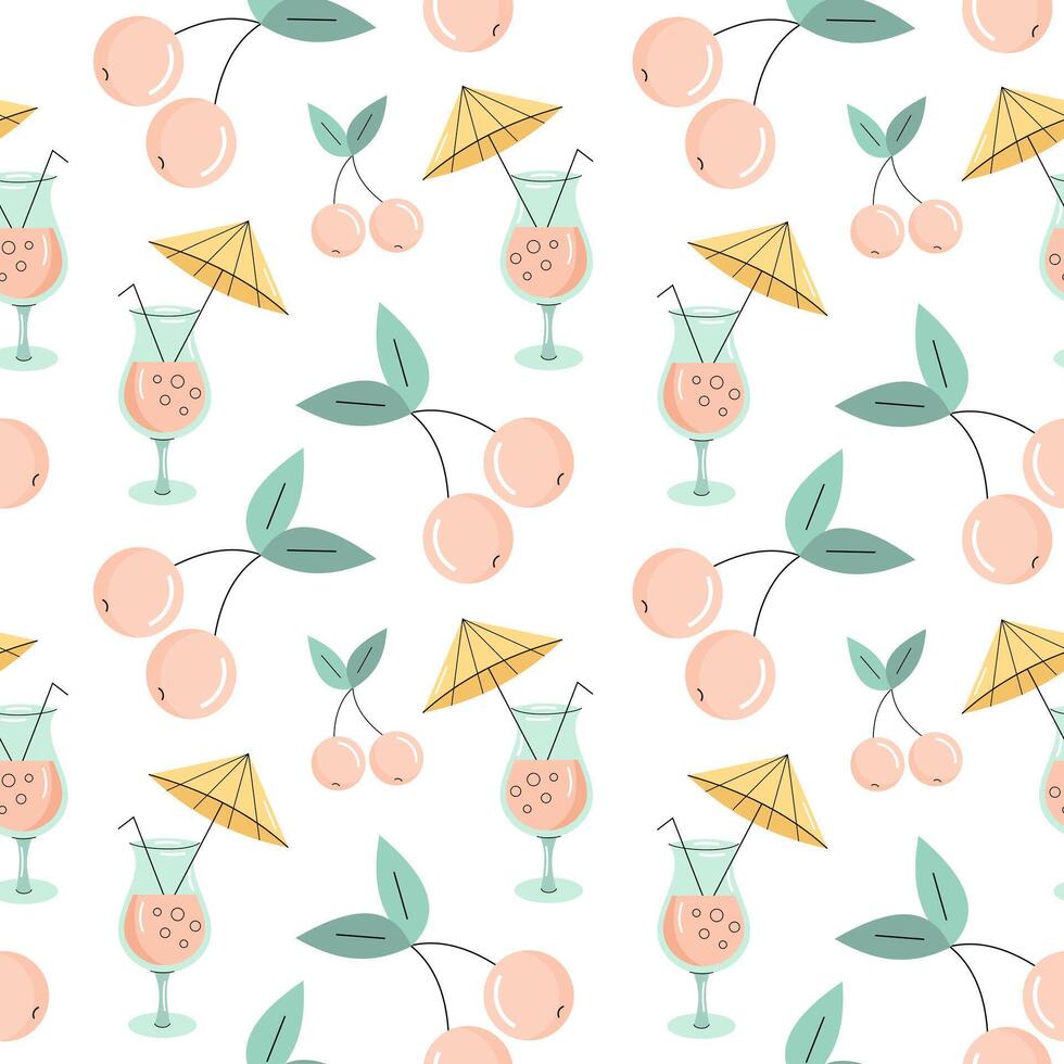 Seamless pattern with summer elements. Cherry and cocktail. Beach vacation. Flat illustration vector