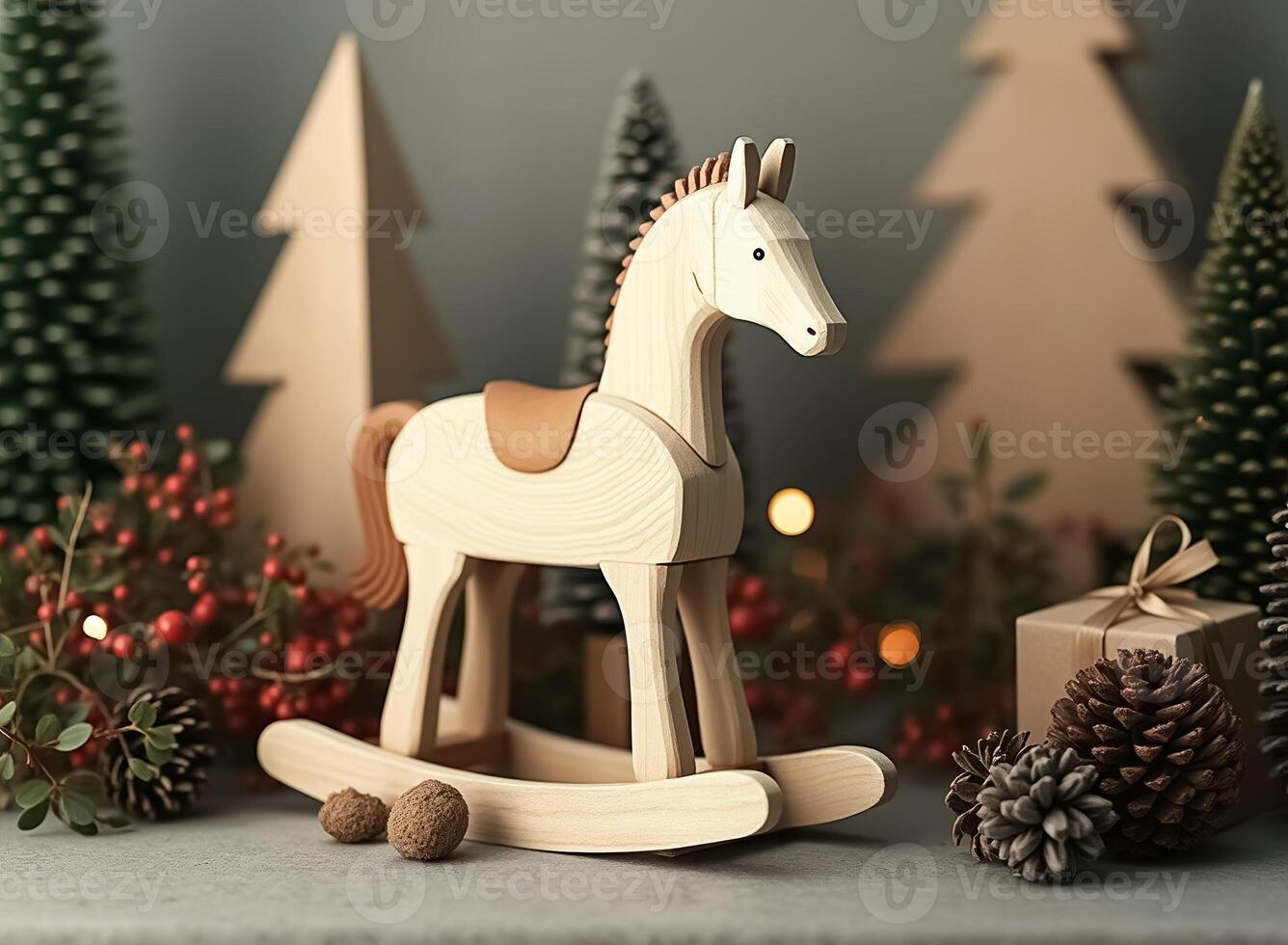 charming wooden rocking horse toy amidst miniature christmas trees and festive decor photo