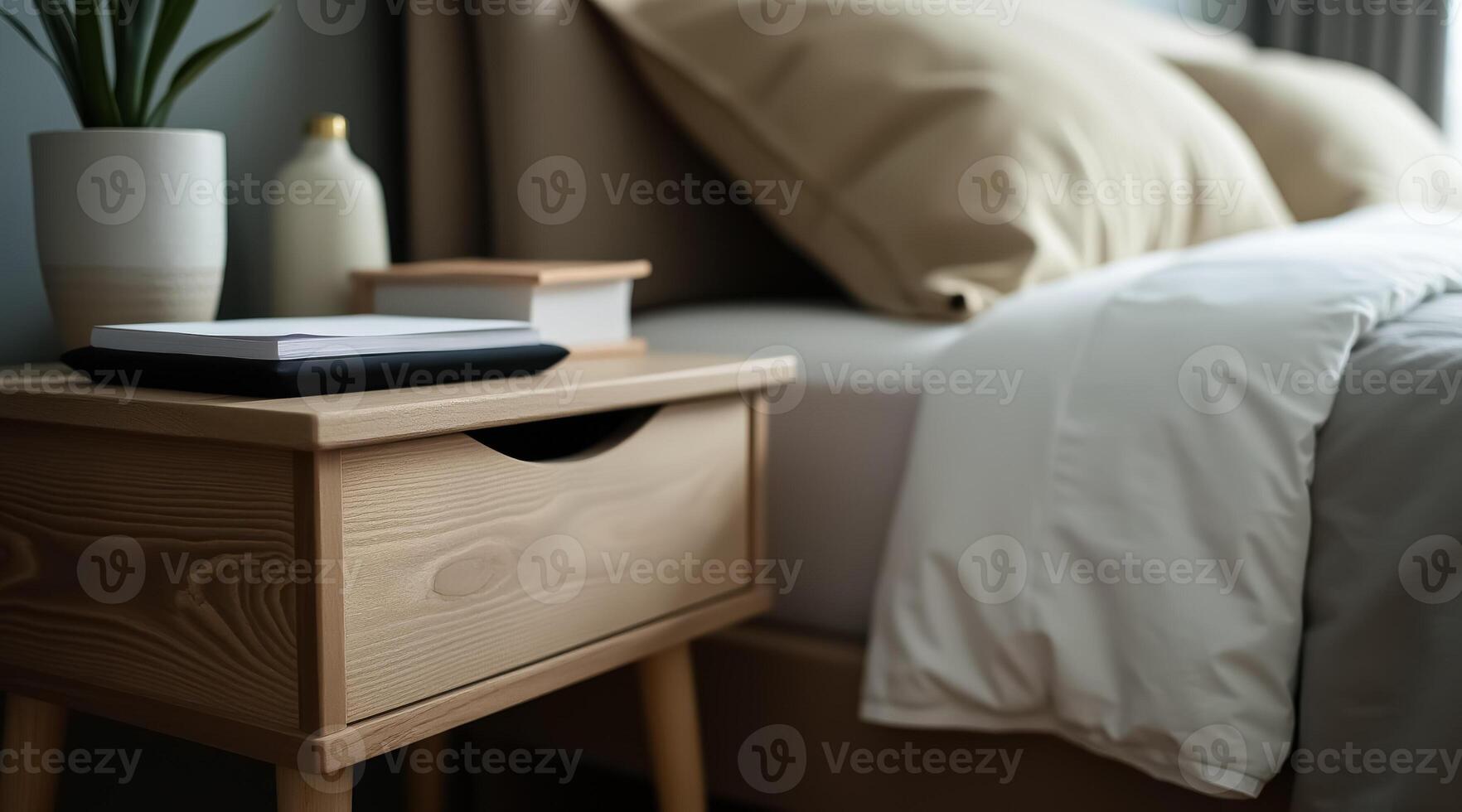 minimalist light-toned wooden bedside table with a notebook plant and decorative bottle photo