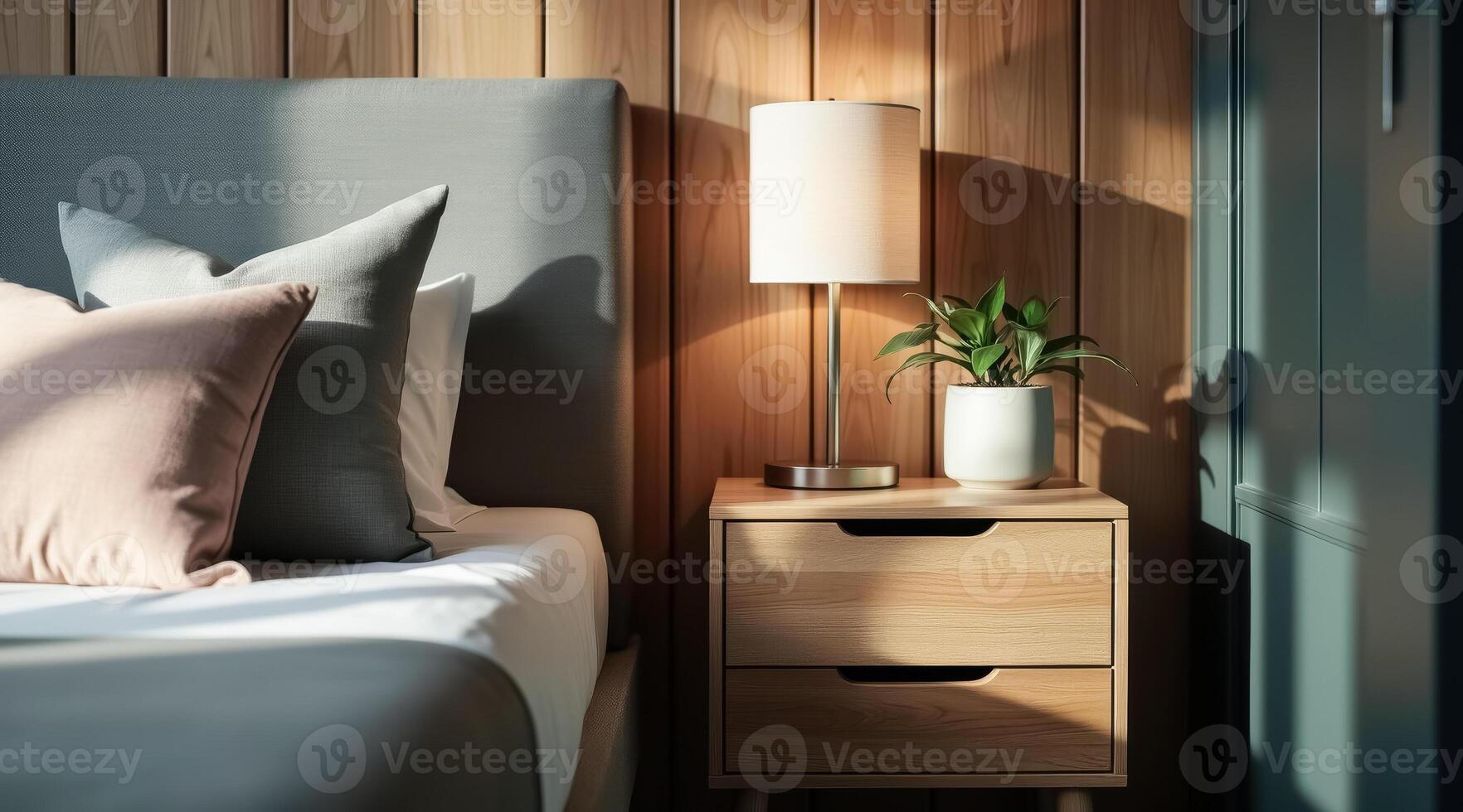 sunlit bedroom scene featuring a light wood bedside table a lamp and a small potted plant photo