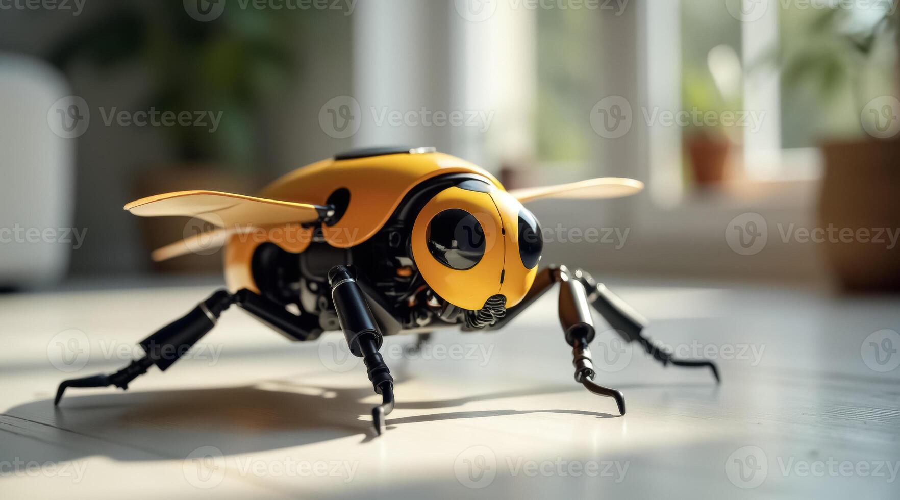 yellow robotic insect model with black legs and wings on a wooden surface photo