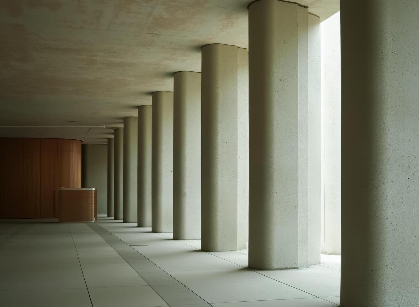 modern architectural hallway with light beige concrete columns and wooden wall photo