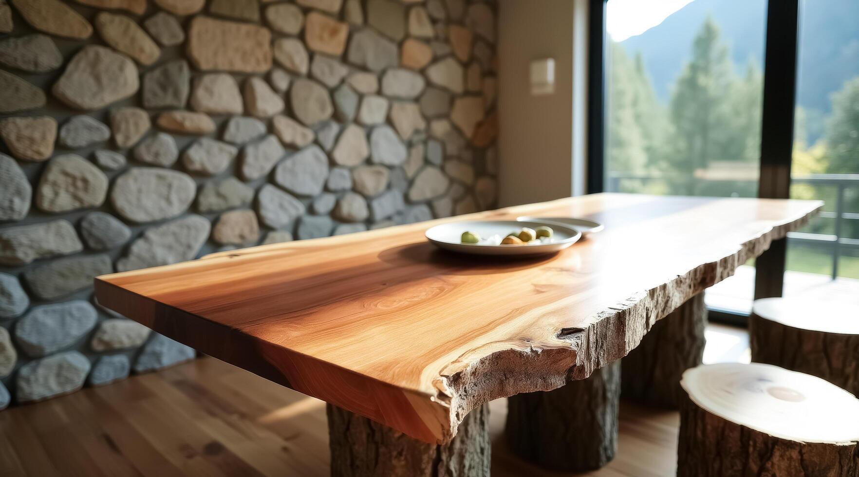 rustic live-edge wooden table against a stone wall photo