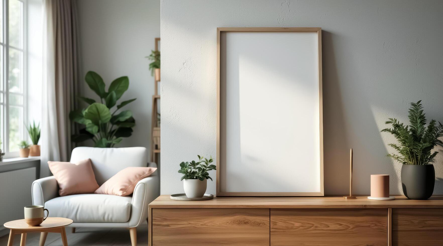 blank canvas in light wood frame on wooden sideboard in minimalist living room photo