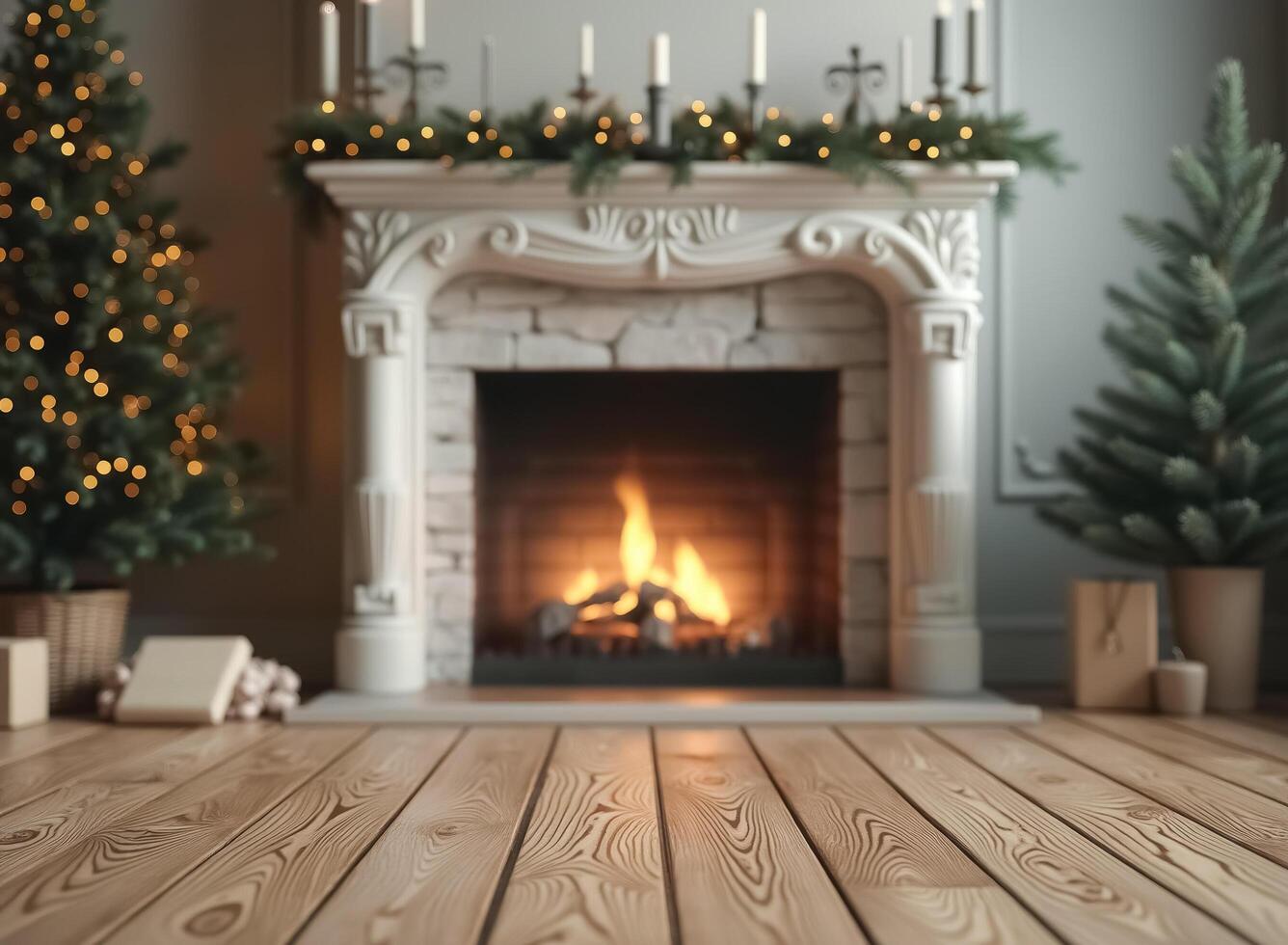 cozy holiday scene with a burning fireplace and decorated christmas trees photo
