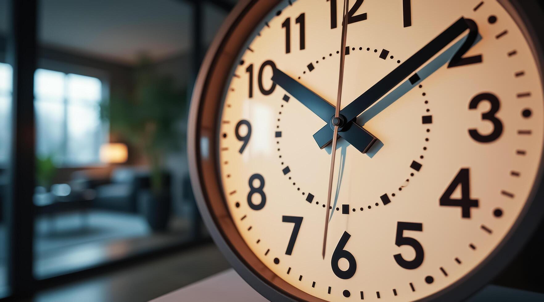 close-up of a minimalist cream-colored analog clock with black hands and numerals photo