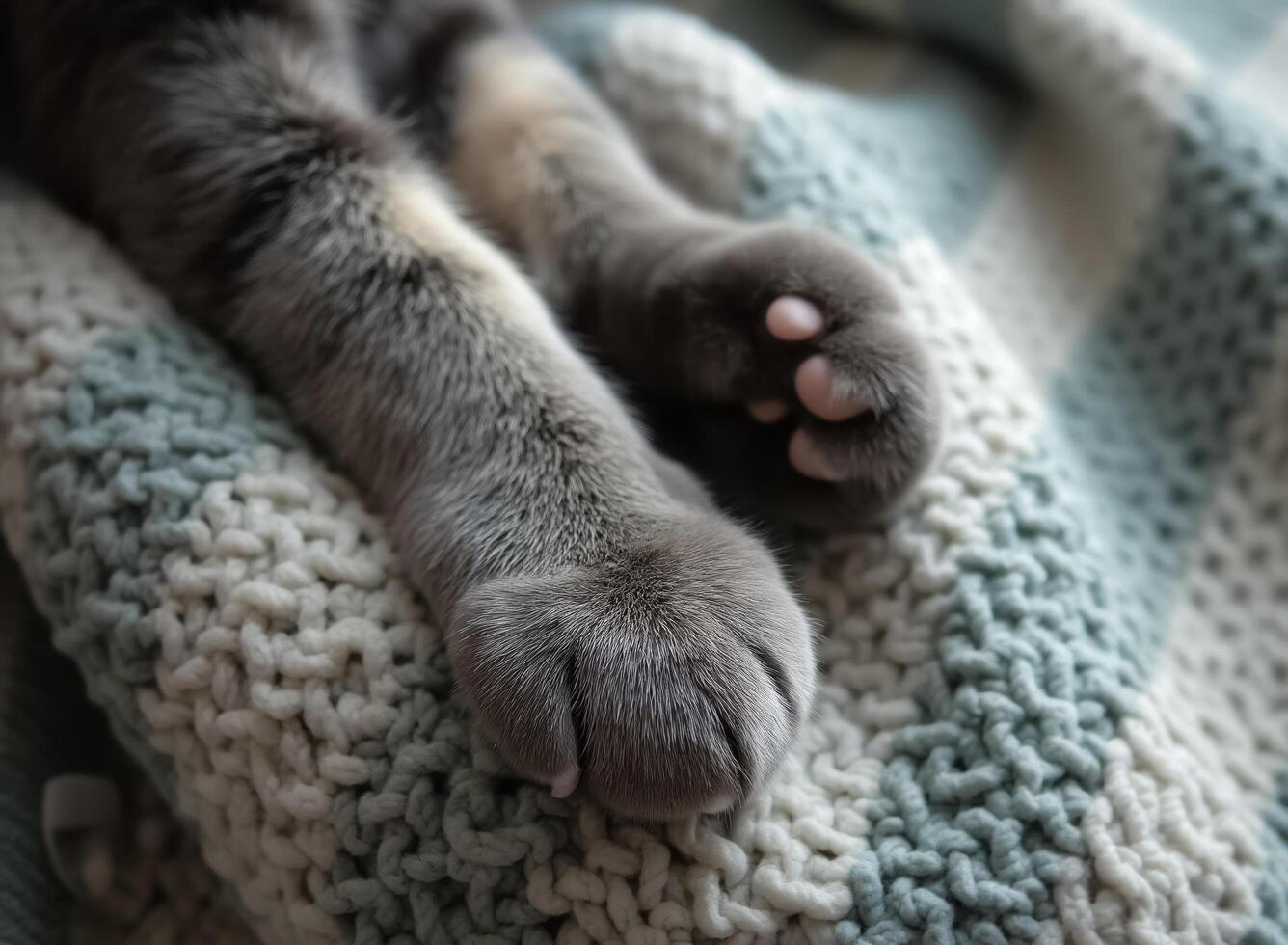 close-up of a grey cat's paws resting on a chunky knit blanket photo