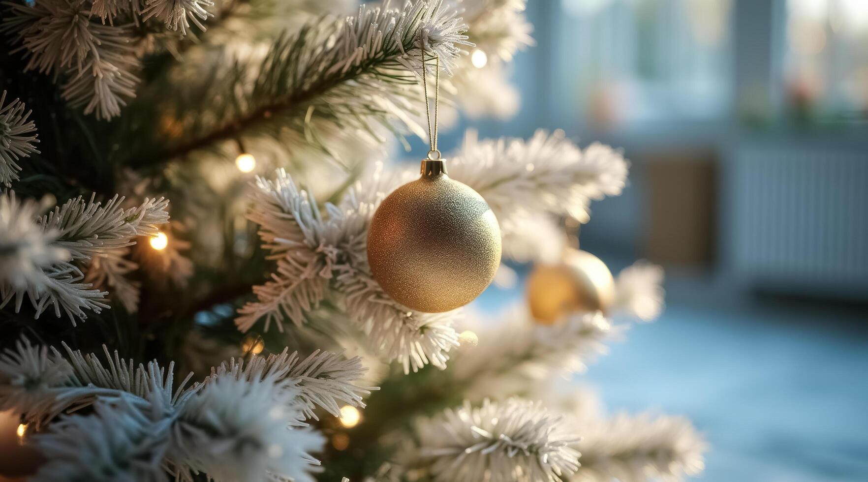 shimmering golden bauble adorns a snow-covered christmas tree photo