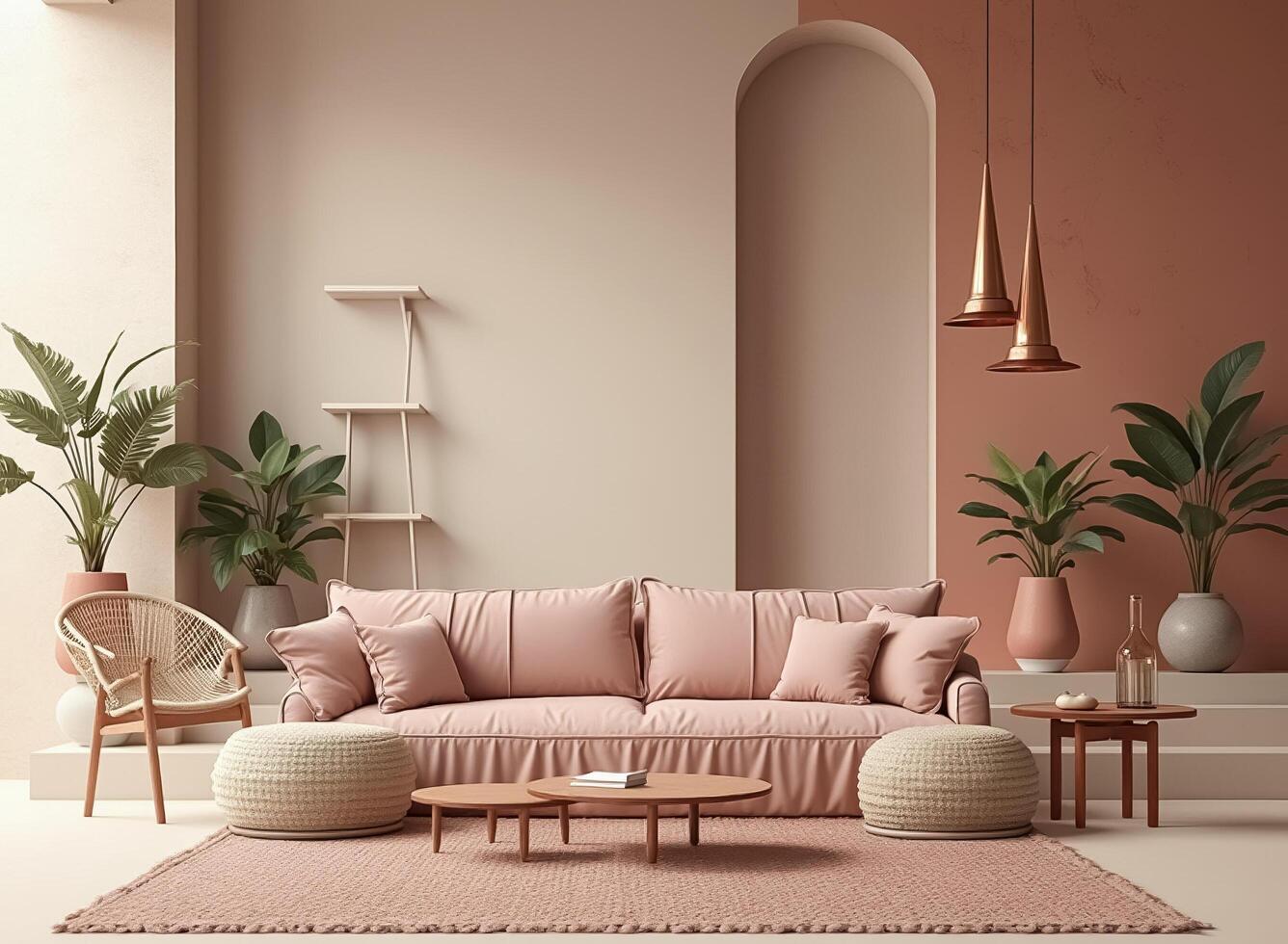 serene living room with blush pink sofa and neutral decor photo