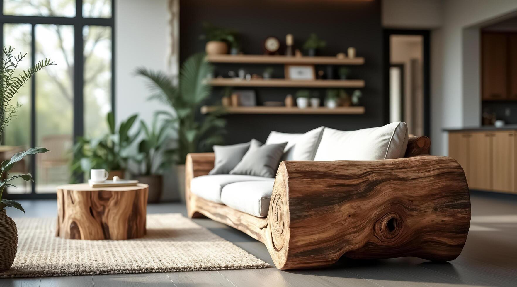 modern sofa with intricately carved tree trunk frame photo
