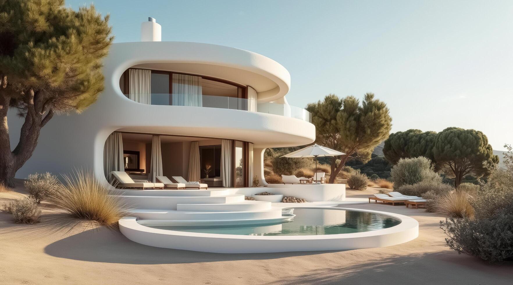 modern white curvaceous house with a circular pool photo