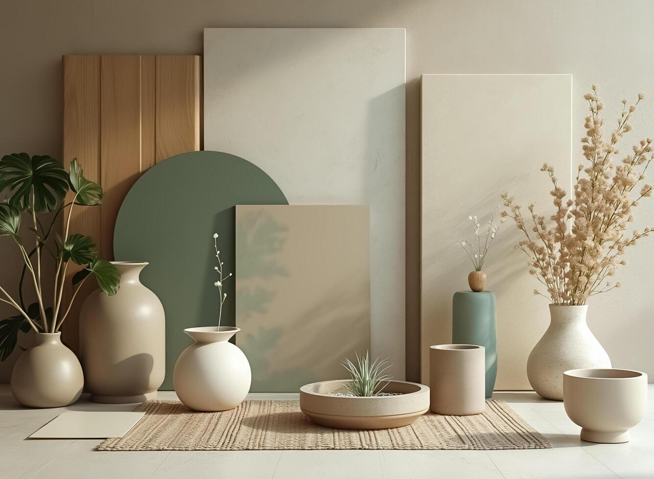 collection of neutral-toned vases dried flowers and plants arranged on a woven rug in a minimalist room setting photo