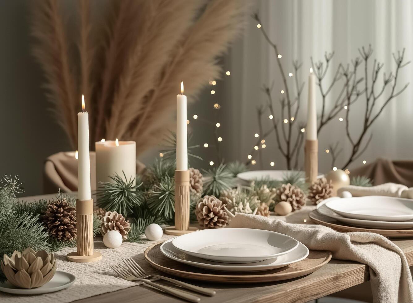 elegant christmas table setting with candles and greenery photo
