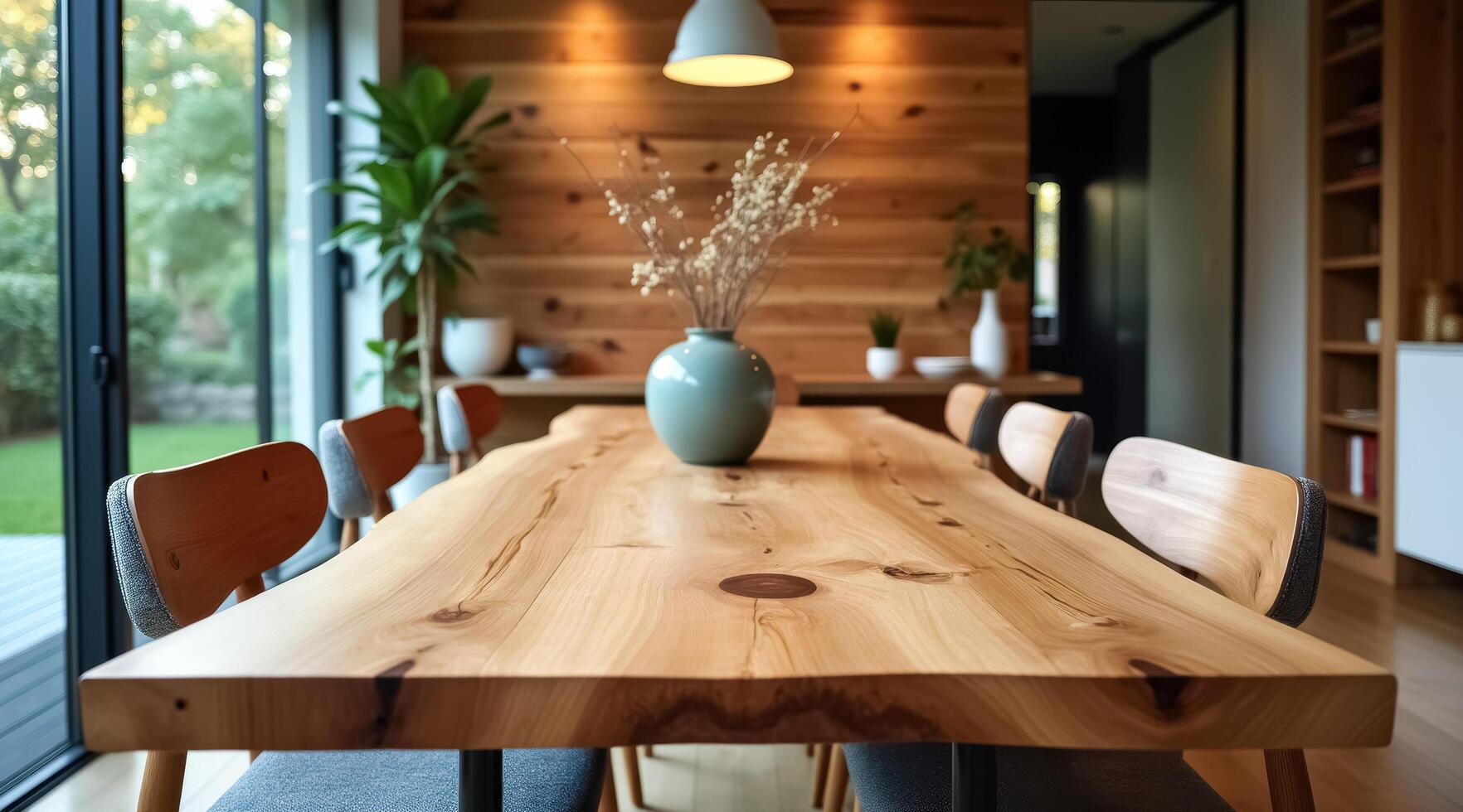 live-edge wooden dining table with modern minimalist chairs photo
