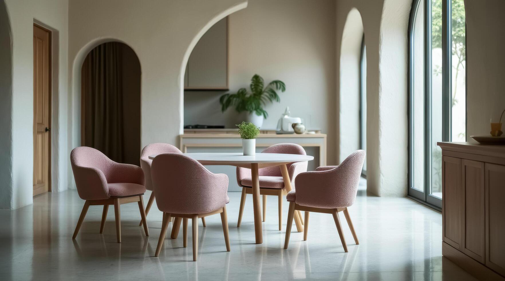 round white table with four blush pink chairs sits in a sunlit room with arched doorways and large windows photo