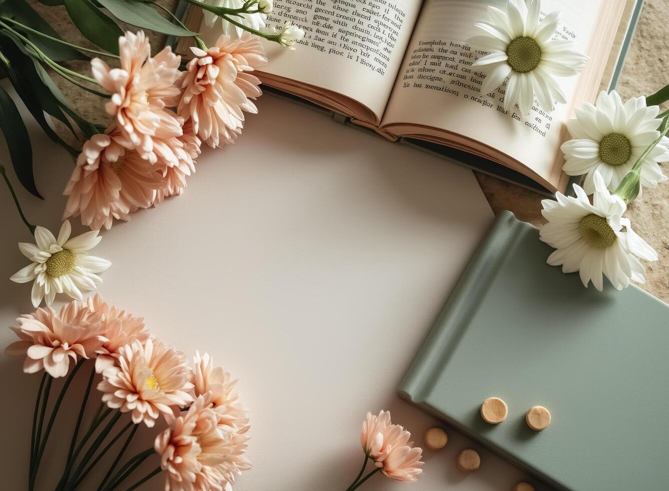 serene floral arrangement with open book and notebook photo
