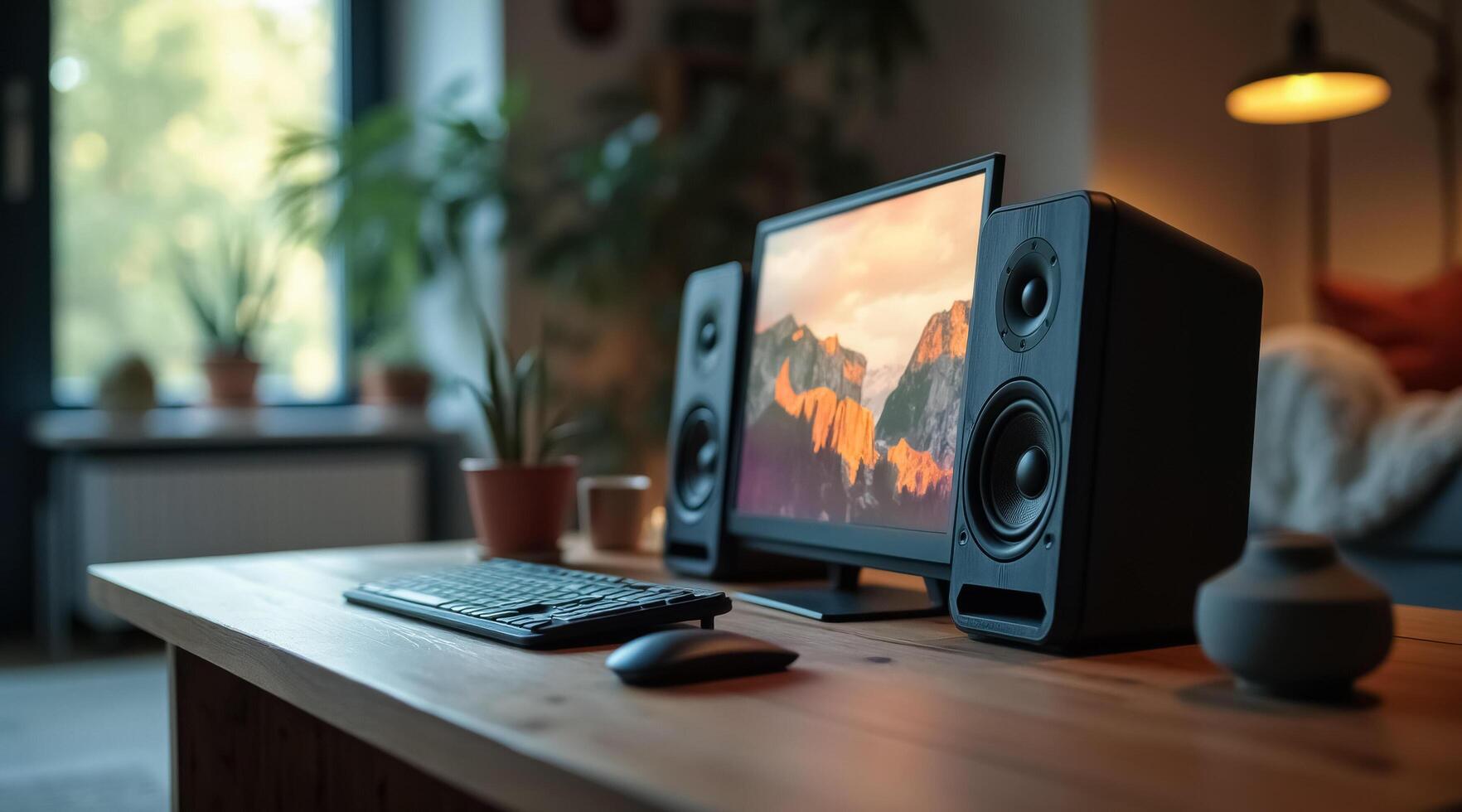 modern computer setup with bookshelf speakers and landscape monitor display photo