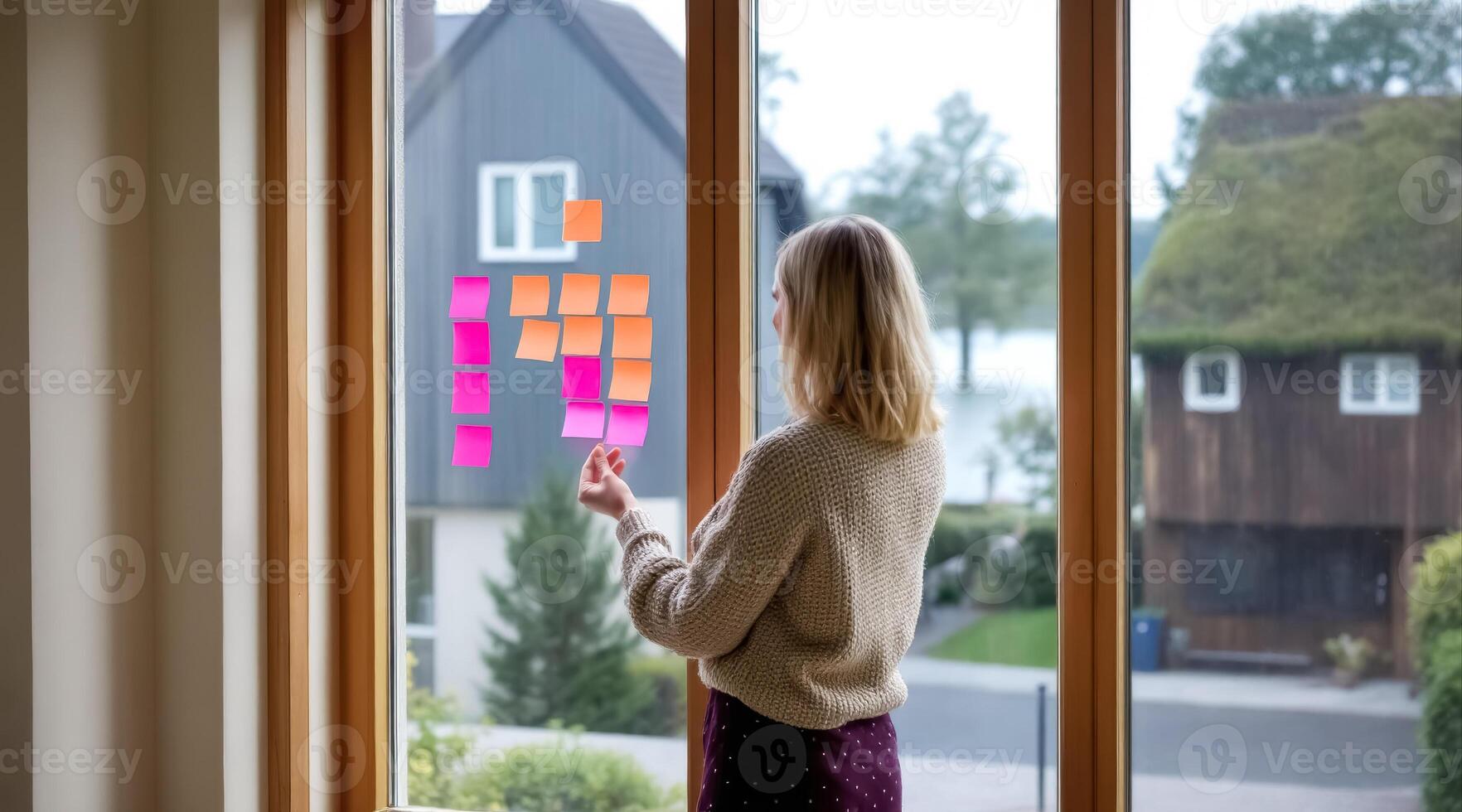 blonde woman organizing colorful sticky notes on a windowpane photo