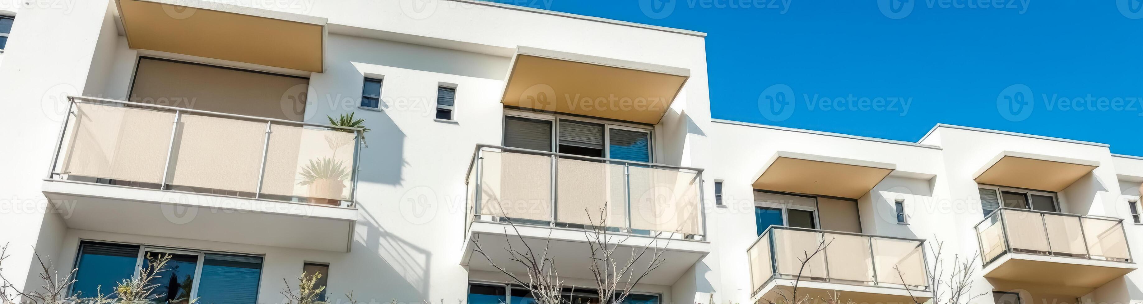 modern apartments with balconies under bright sunlight photo