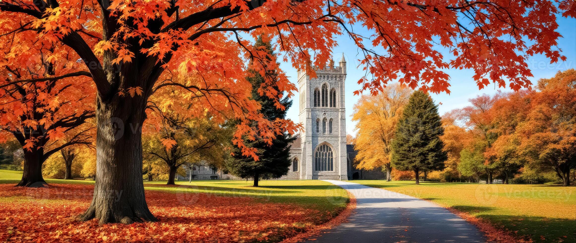 majestic stone church amidst vibrant autumn foliage photo