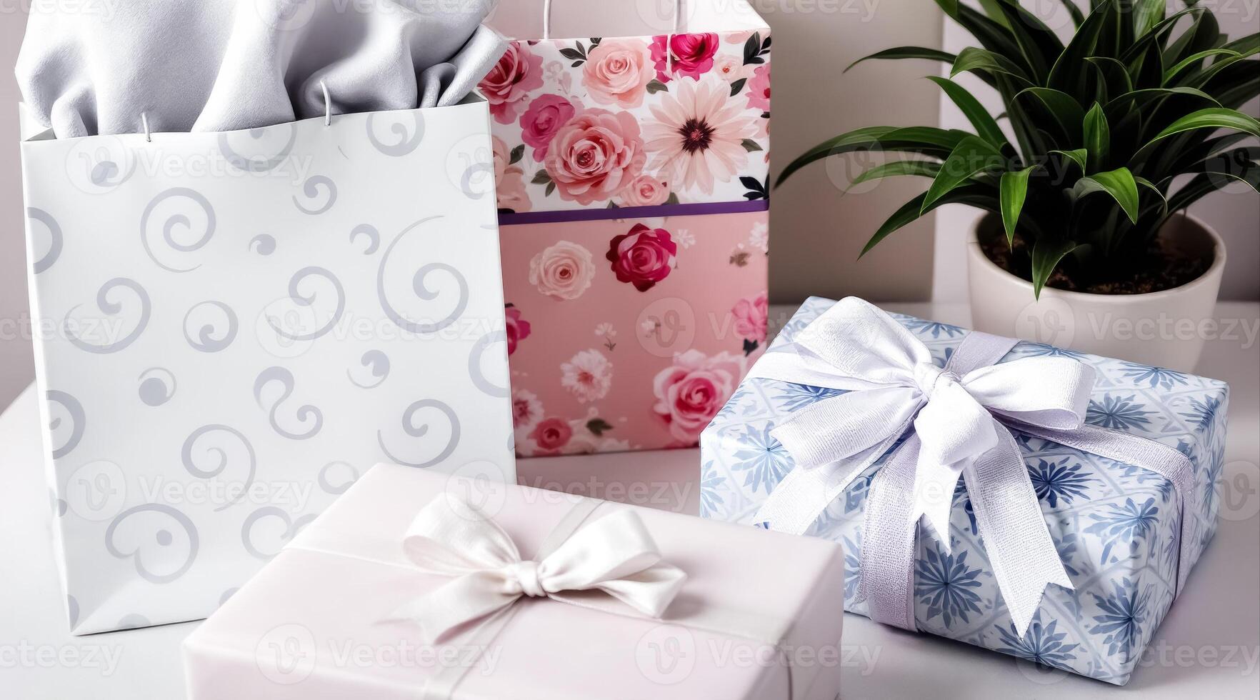 three uniquely designed wrapped gifts with pastel colors and ribbons displayed on a table photo