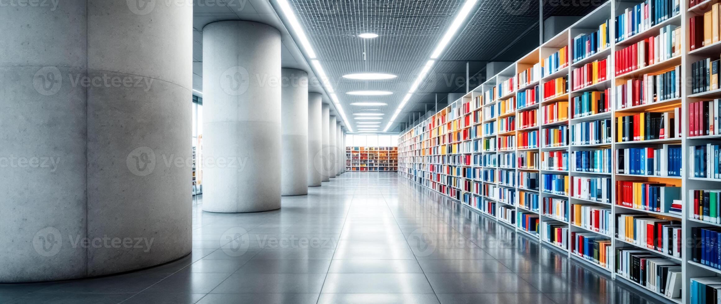 modern library corridor with colorful bookshelves photo