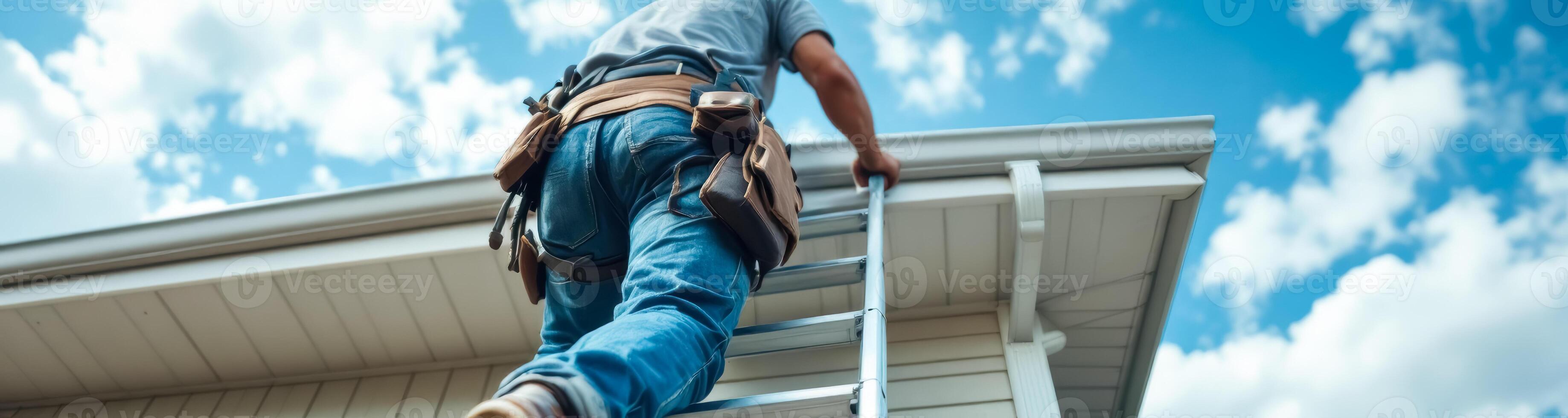craftsman wearing a tool belt climbs a ladder to inspect a house roof against a bright blue sky photo