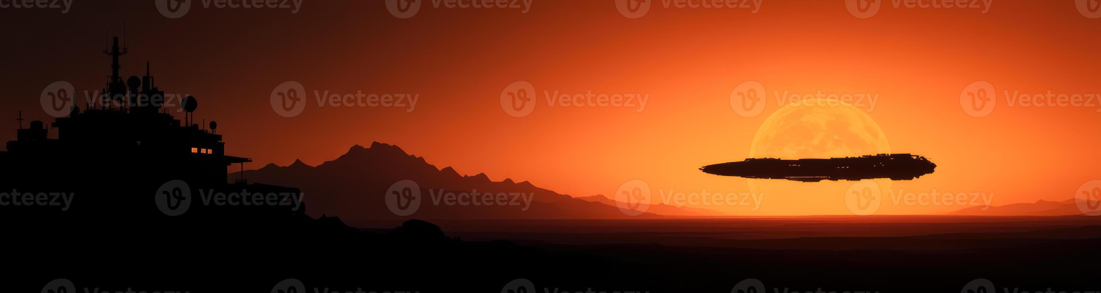 silhouette of a spaceship hovering over a desert landscape during a vibrant sunset photo