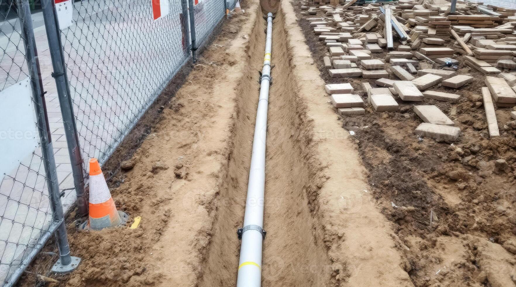 long white pipe is installed in a neatly dug trench during an outdoor construction project. photo