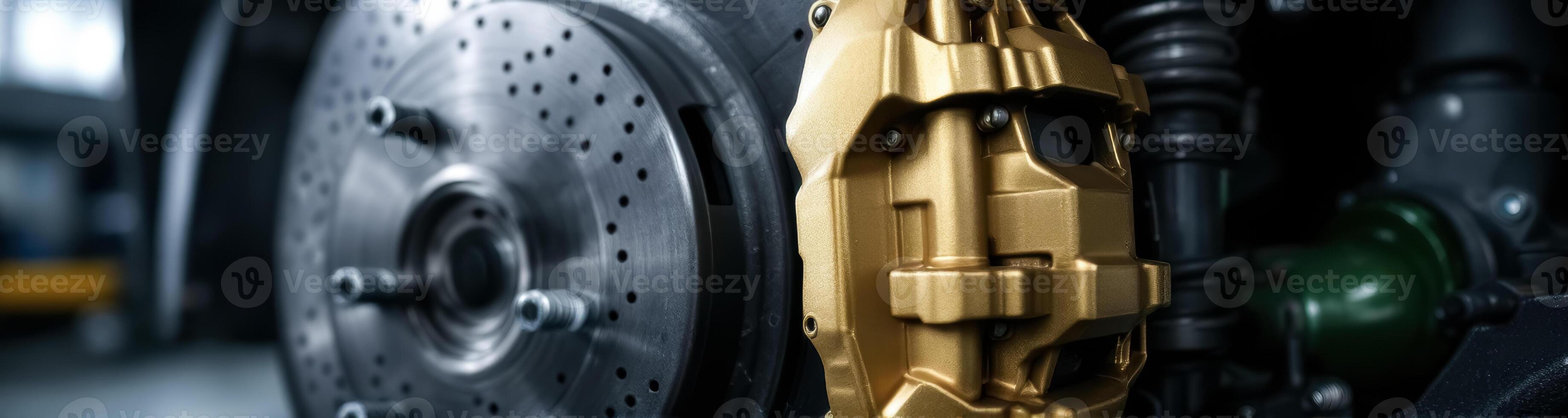 close-up of a gold brake caliper and perforated rotor photo