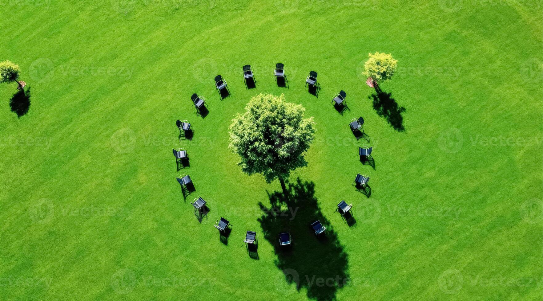 aerial view of black chairs arranged in a circle around a tree on a green lawn photo