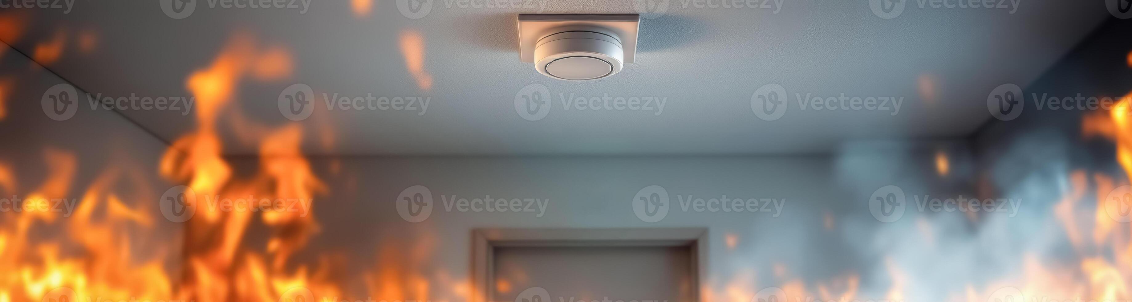 white ceiling- smoke alarm in a room with flames and smoke in the background. photo