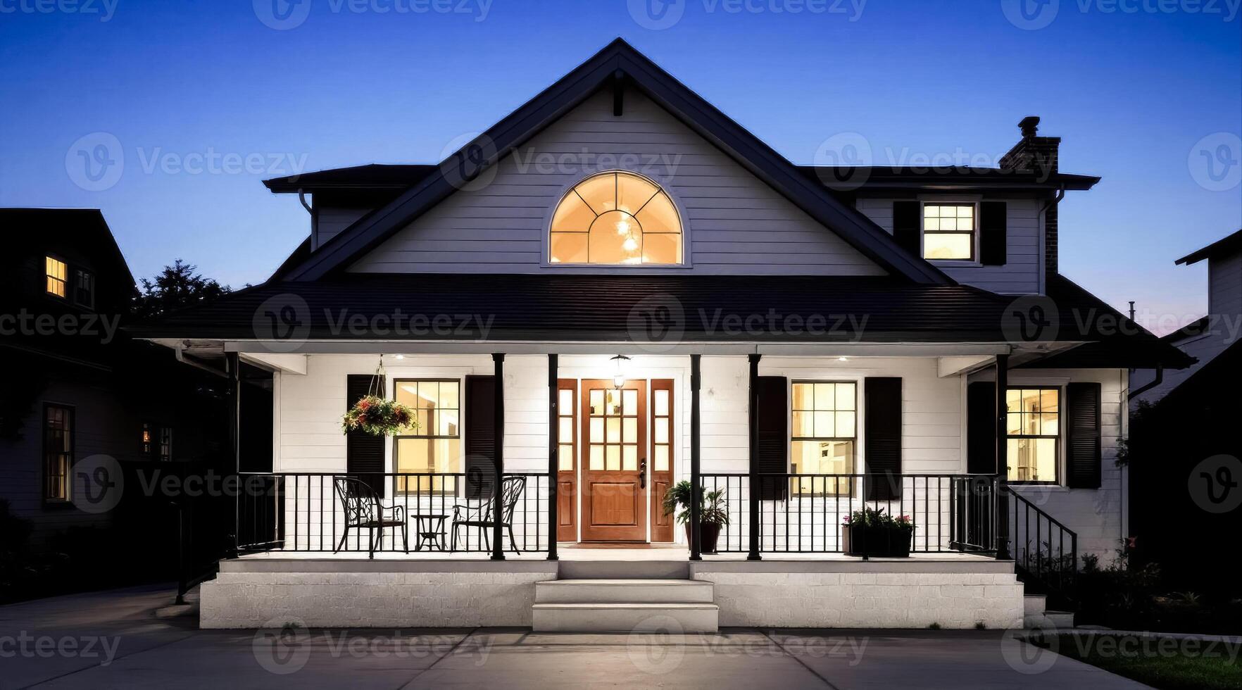 charming two-story house with a welcoming porch illuminated at dusk photo
