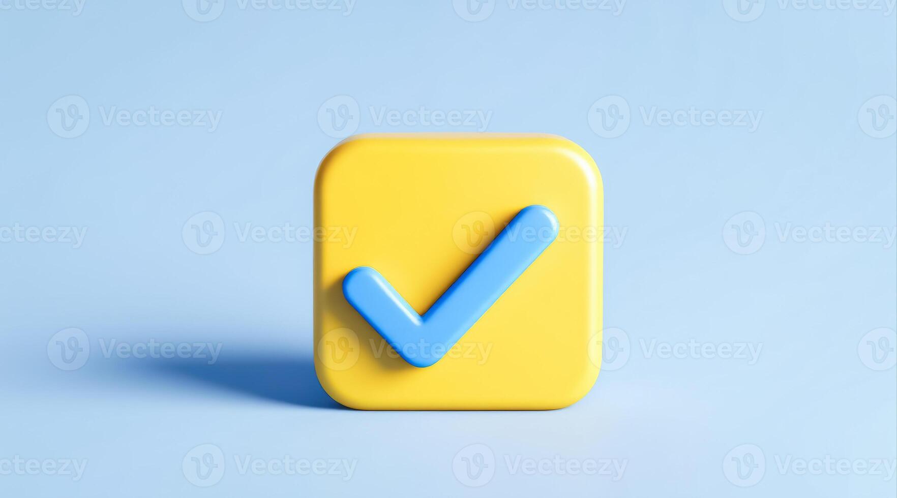 3d rendering of a bright blue checkmark on a yellow photo