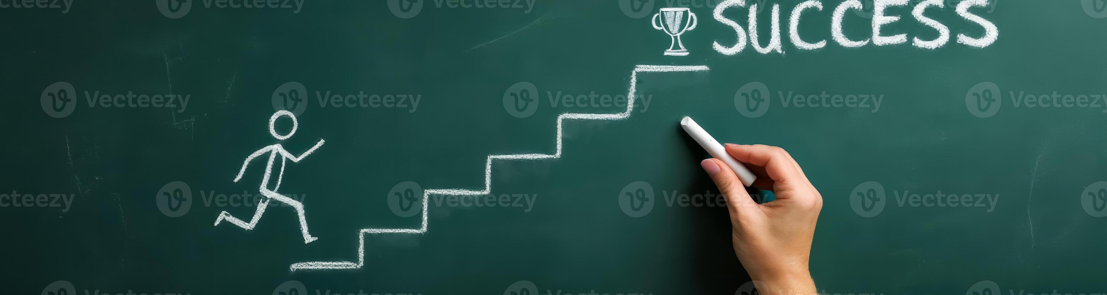 hand draws a figure climbing steps to success on a chalkboard photo