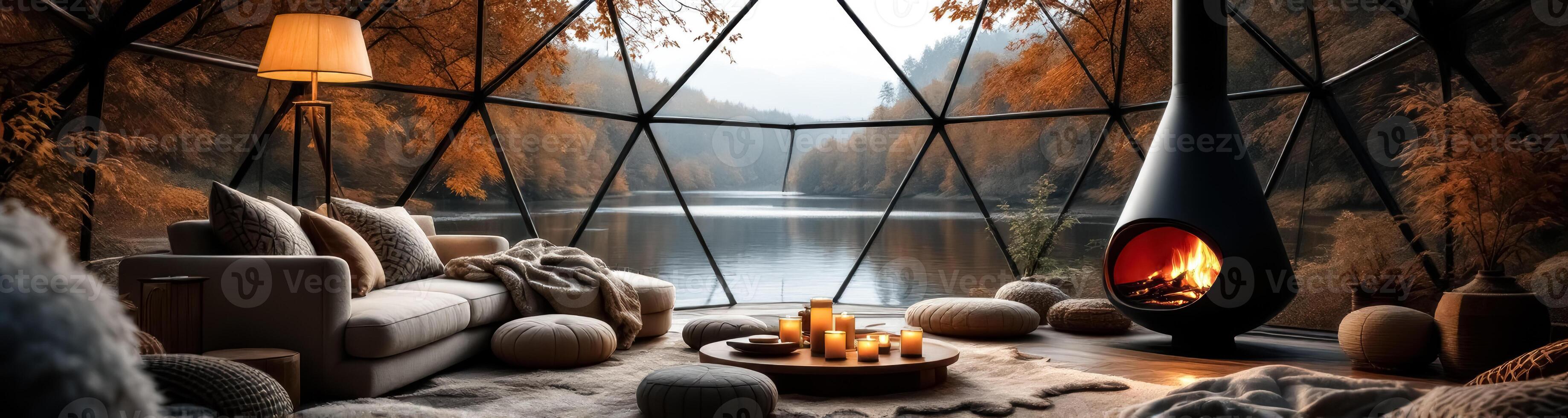 cozy autumn geodesic dome living space with lake view photo