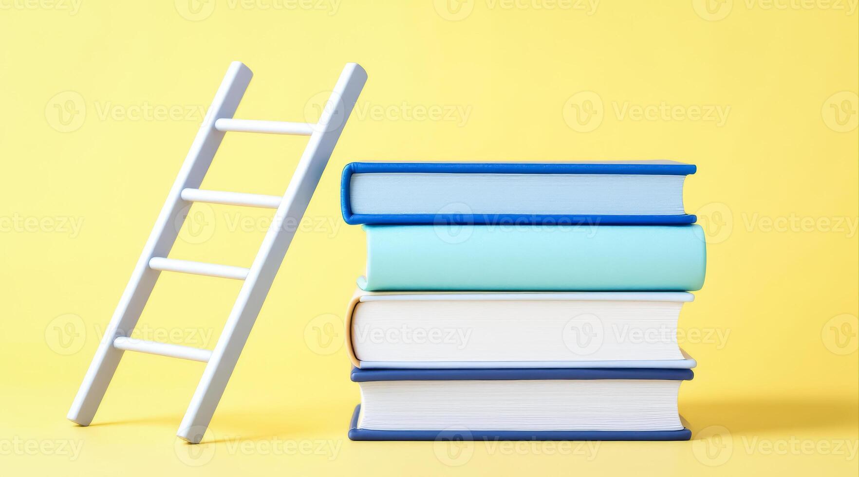 white ladder next to a stack of pastel-colored books represents the pursuit of knowledge and personal growth. photo
