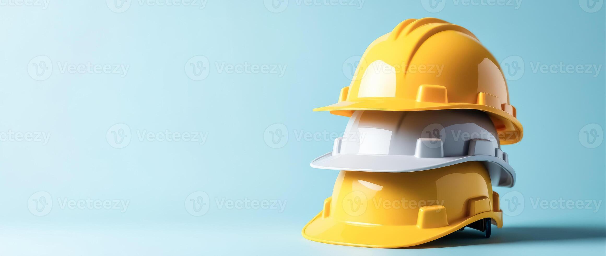 three hard hats in yellow and light gray stacked neatly on a light blue background photo