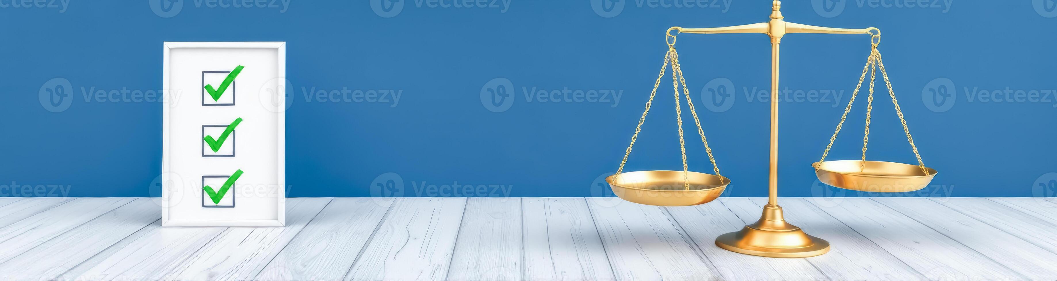 golden scale of justice with three green checkmarks photo