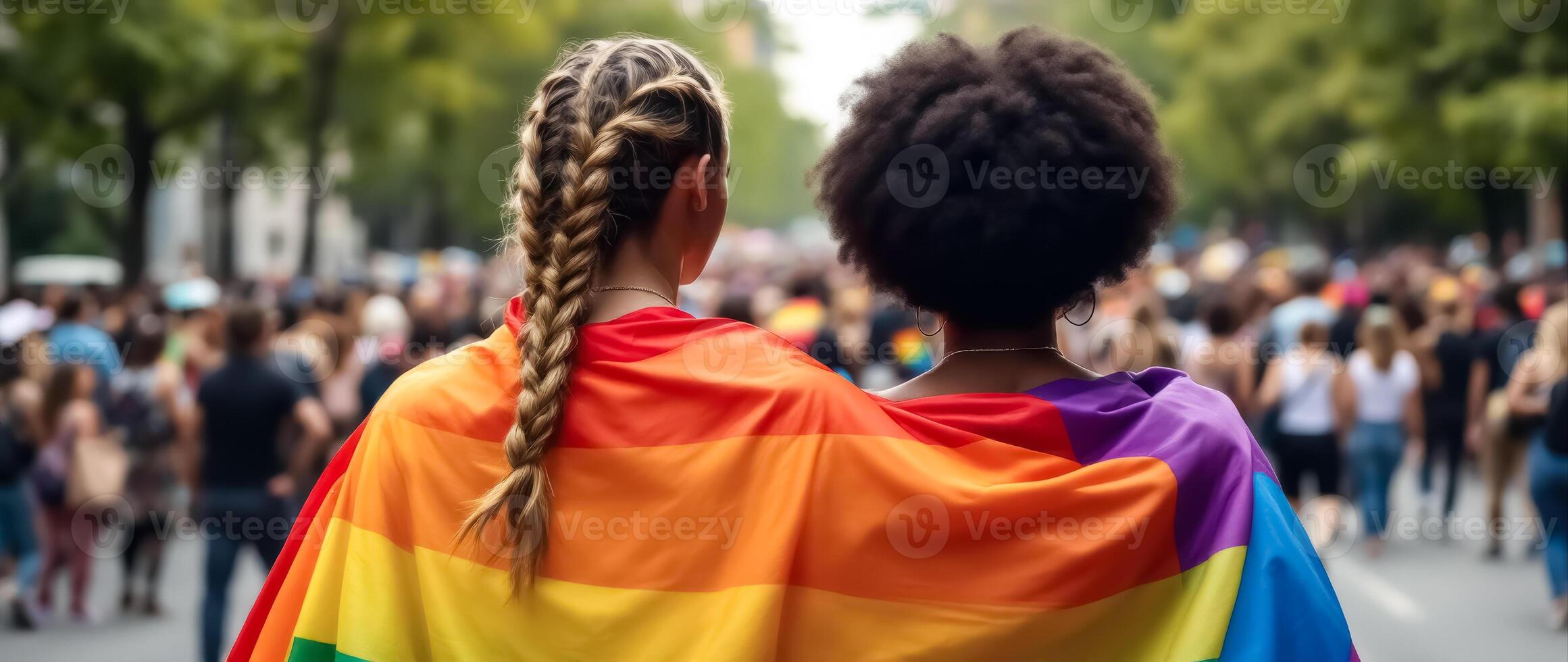 two women stand together during a pride parade wrapped in a vibrant rainbow lgbtq flag. photo
