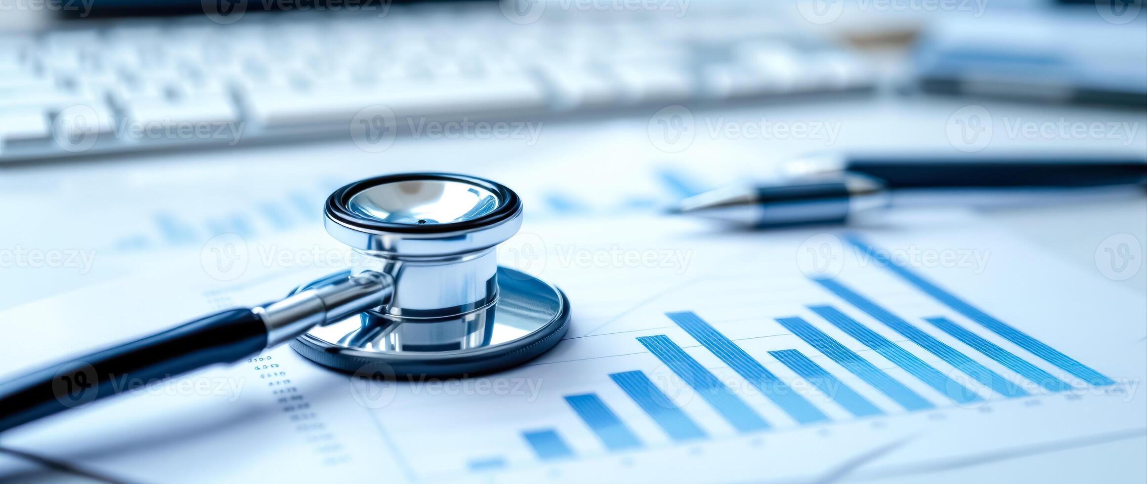 metallic stethoscope lies on a bar graph symbolizing healthcare financial analysis. photo