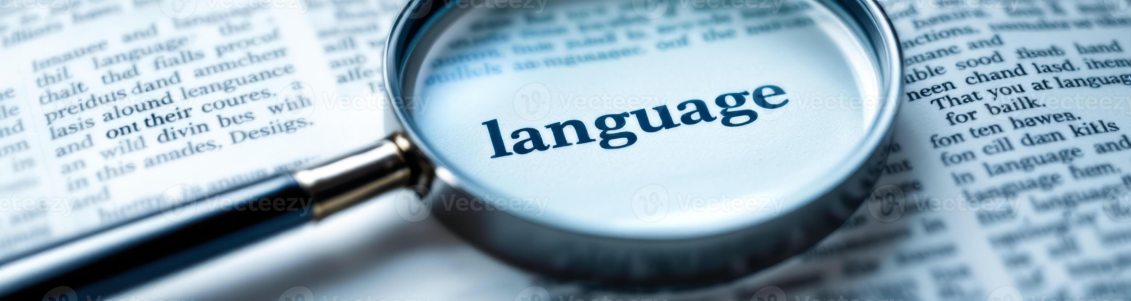 magnifying glass on the word language in a book photo