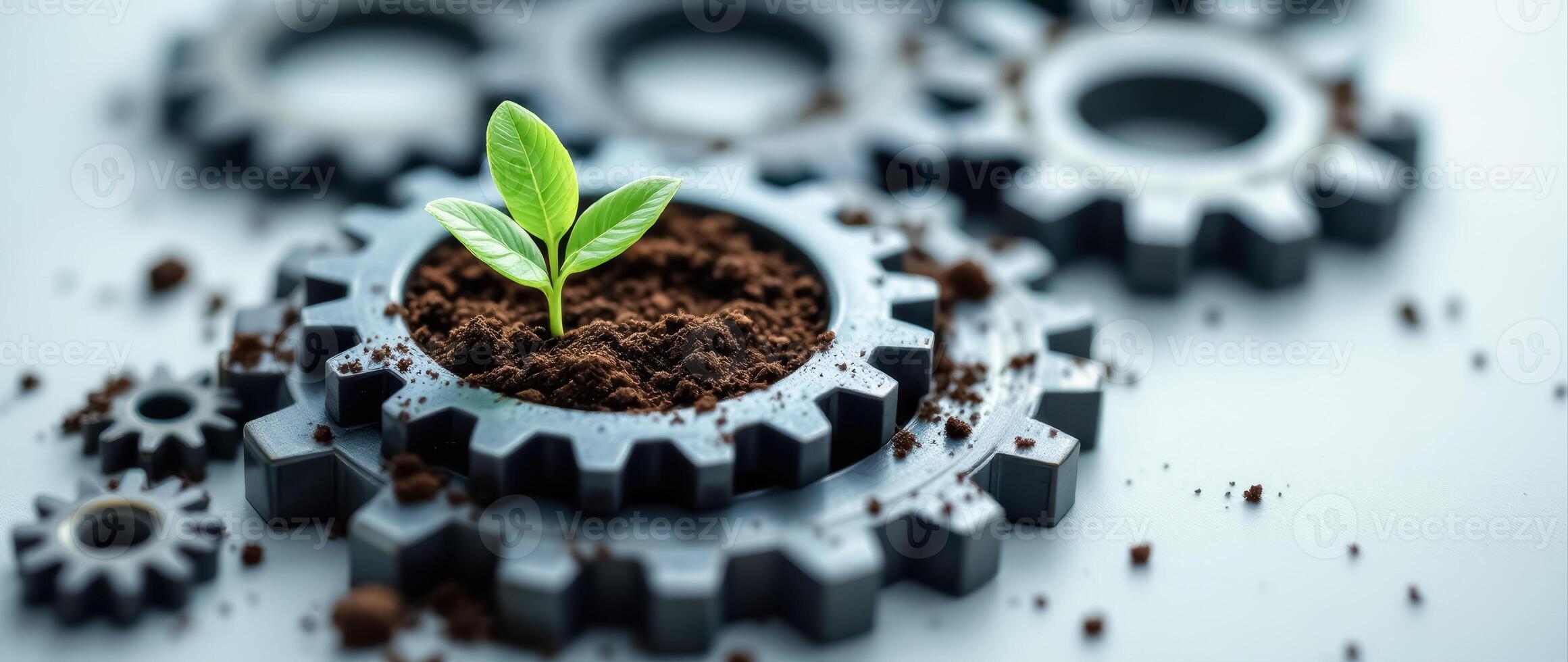 vibrant green sprout emerges from soil within interlocking gears symbolizing growth and progress. photo