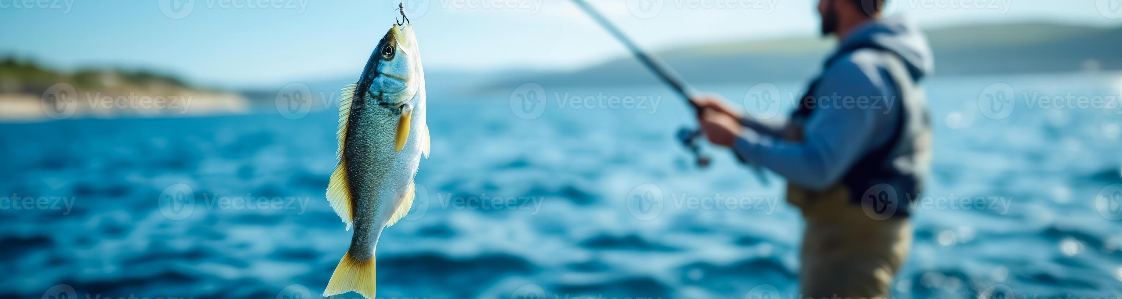 silvery fish with gleaming scales hangs from a hook freshly caught from the vibrant blue sea photo