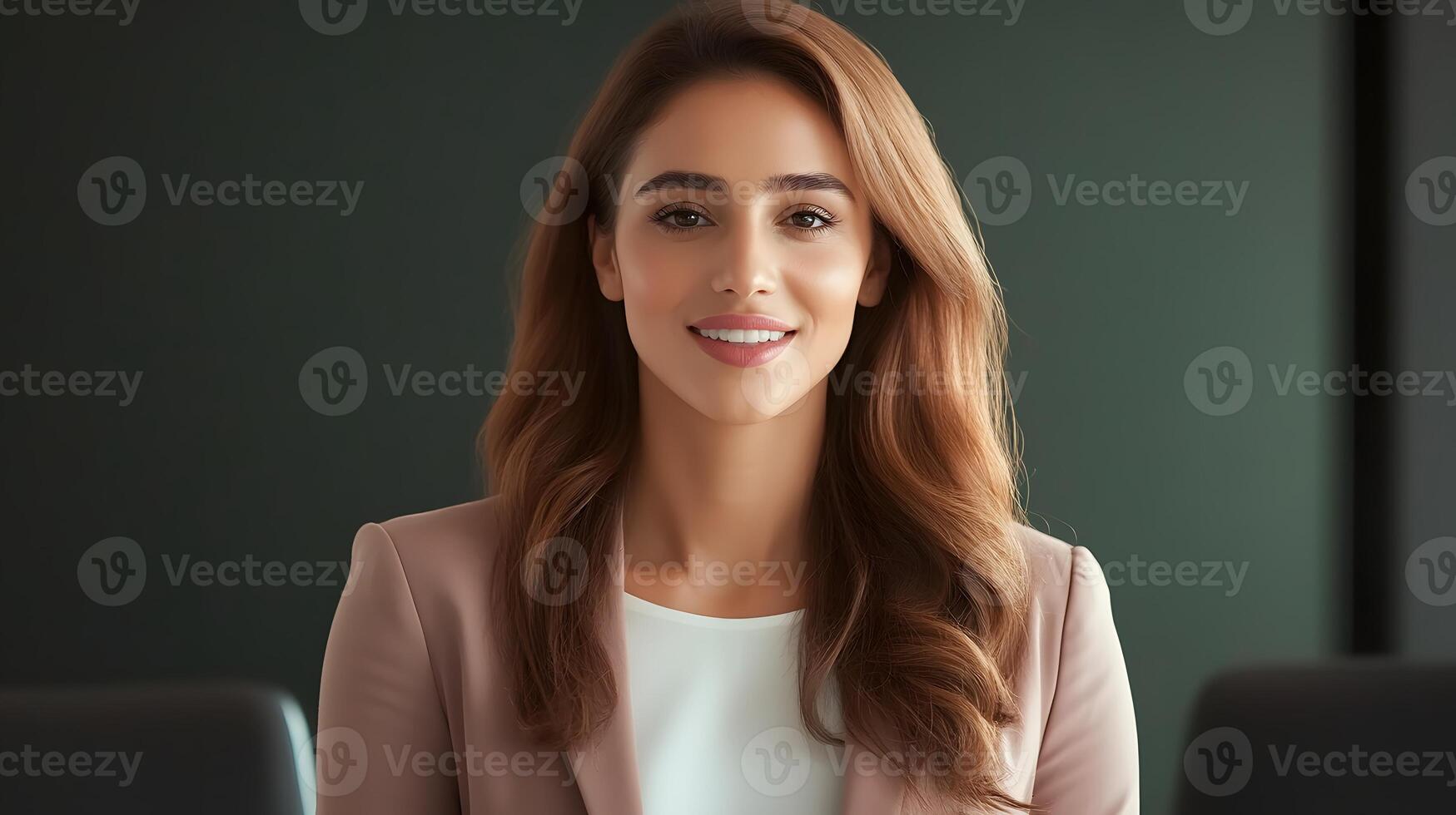 A confident stylish woman in a suit confidently giving a presentation in a modern corporate boardroom photo