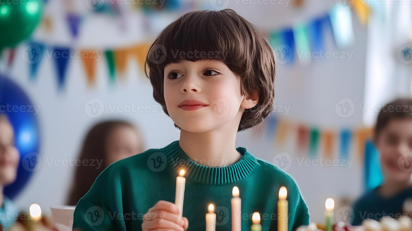 A cheerful young child enthusiastically lighting candles as part of a joyful festive with and a sense of togetherness photo