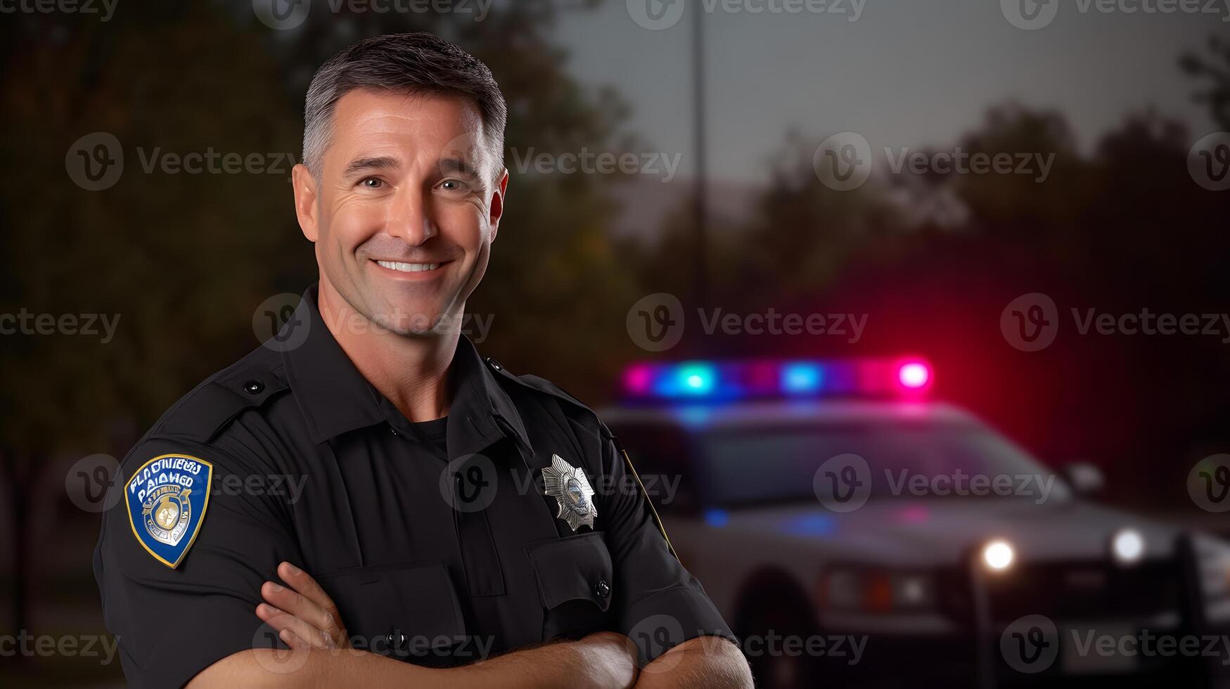 A confident and professional police officer stands with arms crossed beside their patrol car ready to serve and protect the during the night shift photo